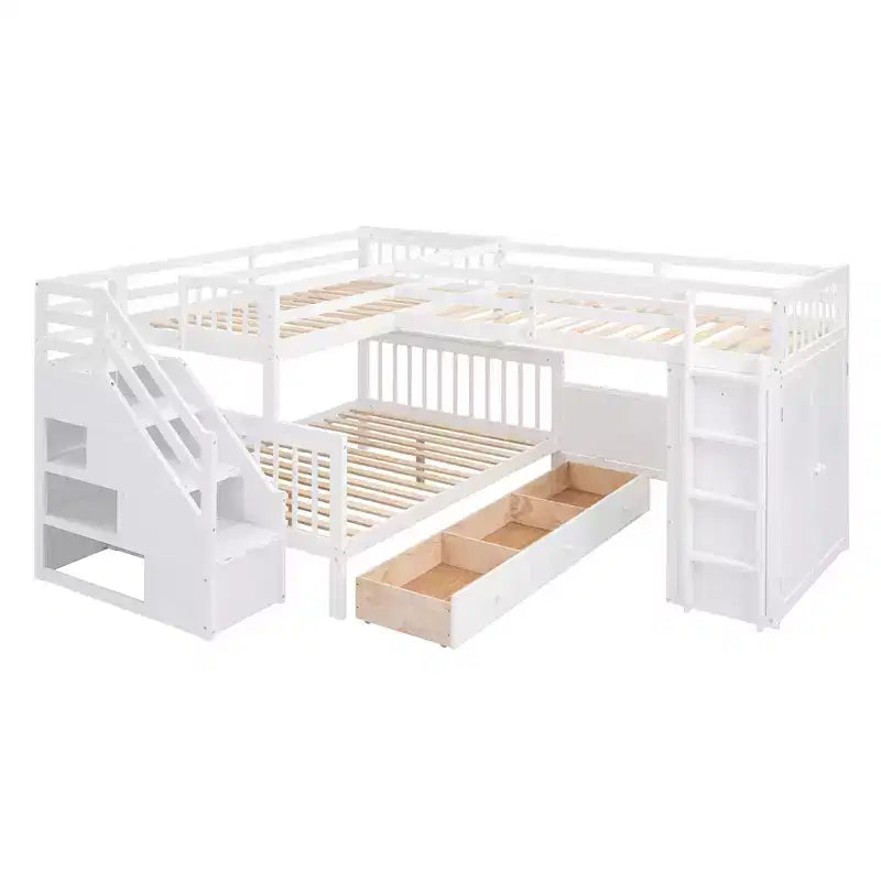 Twin-Twin over Full L-Shaped Bunk Bed with Wardrobe Space, Solid Wood Staircase Bunk Bed with Portable Desk