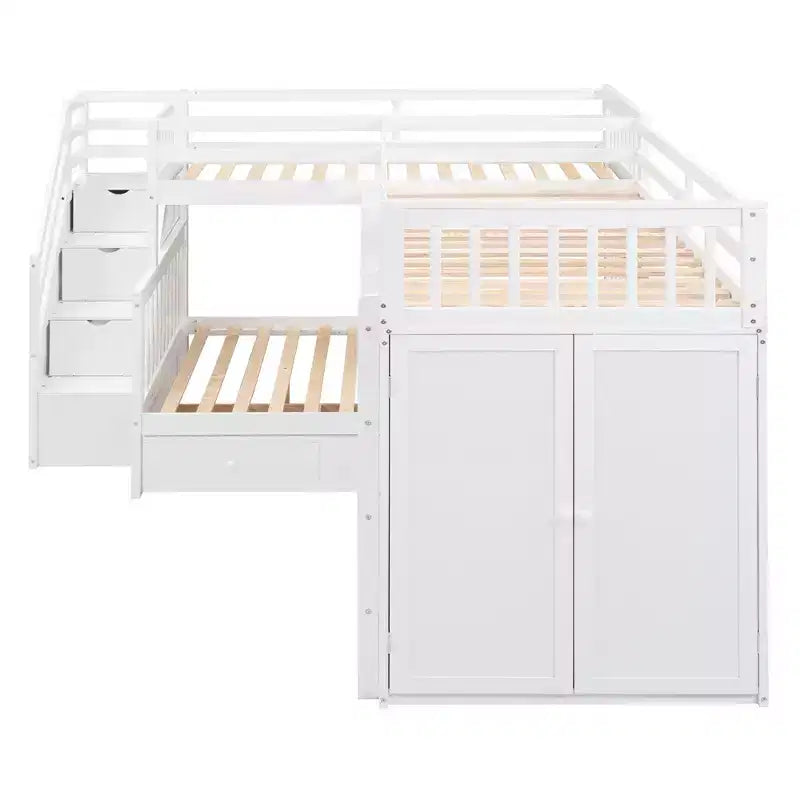 Twin-Twin over Full L-Shaped Bunk Bed with Wardrobe Space, Solid Wood Staircase Bunk Bed with Portable Desk