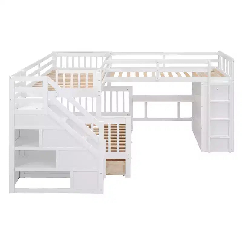 Twin-Twin over Full L-Shaped Bunk Bed with Wardrobe Space, Solid Wood Staircase Bunk Bed with Portable Desk