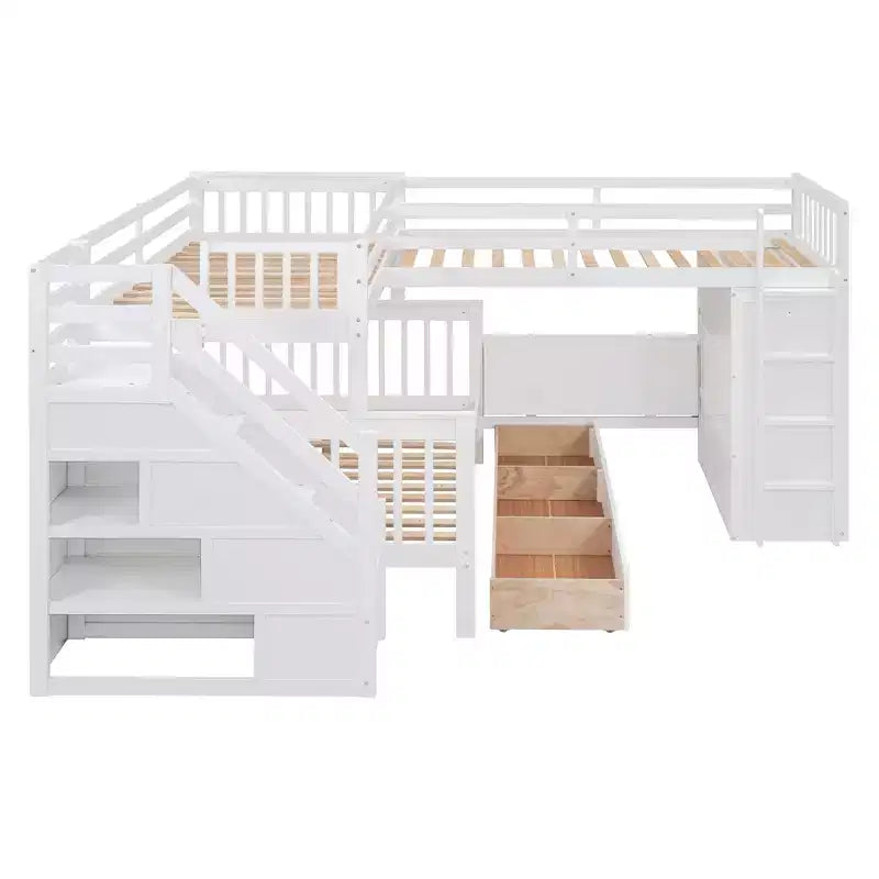 Twin-Twin over Full L-Shaped Bunk Bed with Wardrobe Space, Solid Wood Staircase Bunk Bed with Portable Desk