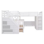 Twin-Twin over Full L-Shaped Bunk Bed with Wardrobe Space, Solid Wood Staircase Bunk Bed with Portable Desk