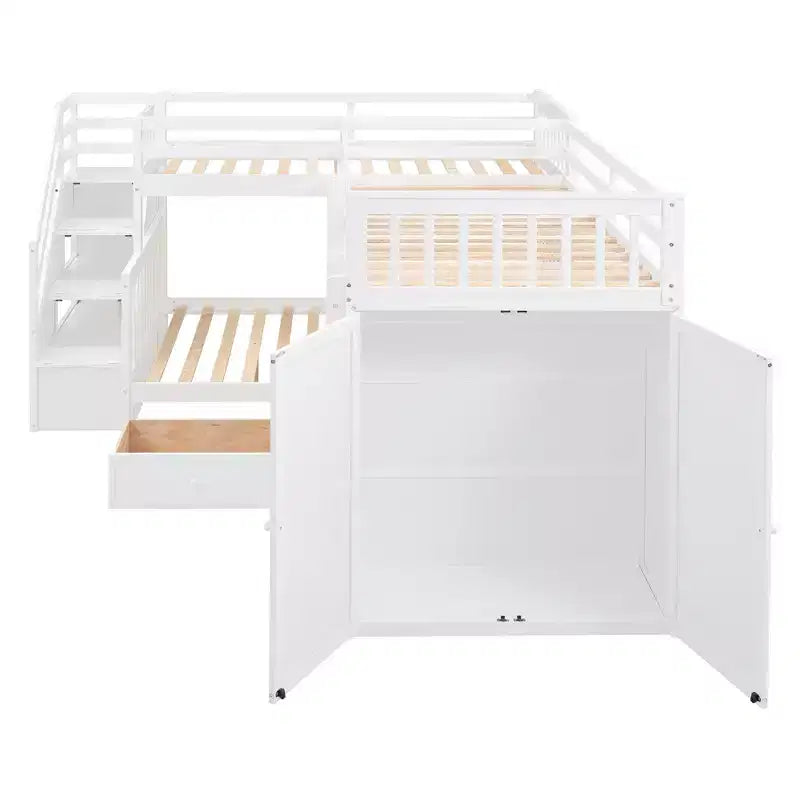 Twin-Twin over Full L-Shaped Bunk Bed with Wardrobe Space, Solid Wood Staircase Bunk Bed with Portable Desk