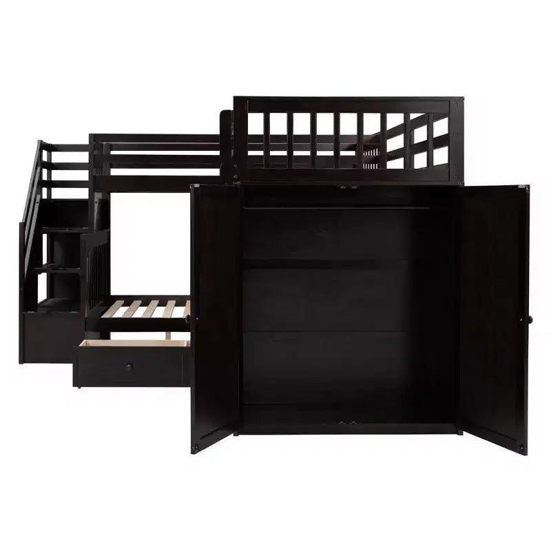 Twin-Twin over Full L-Shaped Bunk Bed with Wardrobe Space, Solid Wood Staircase Bunk Bed with Portable Desk