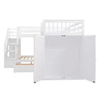 Twin-Twin over Full L-Shaped Bunk Bed with Wardrobe Space, Solid Wood Staircase Bunk Bed with Portable Desk