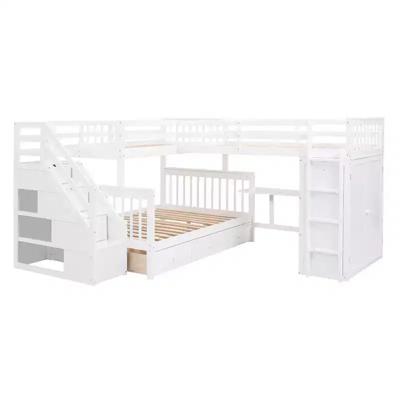 Twin-Twin over Full L-Shaped Bunk Bed with Wardrobe Space, Solid Wood Staircase Bunk Bed with Portable Desk