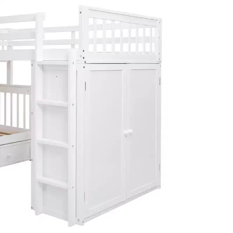 Twin-Twin over Full L-Shaped Bunk Bed with Wardrobe Space, Solid Wood Staircase Bunk Bed with Portable Desk