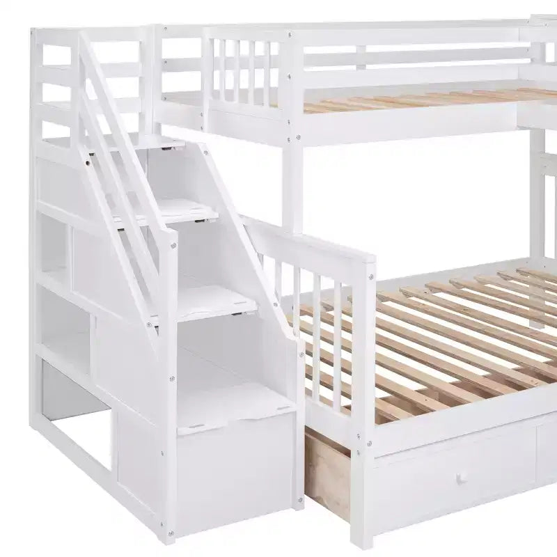 Twin-Twin over Full L-Shaped Bunk Bed with Wardrobe Space, Solid Wood Staircase Bunk Bed with Portable Desk