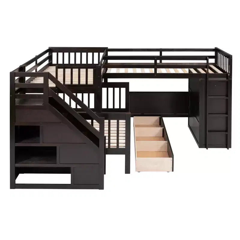 Twin-Twin over Full L-Shaped Bunk Bed with Wardrobe Space, Solid Wood Staircase Bunk Bed with Portable Desk