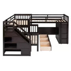 Twin-Twin over Full L-Shaped Bunk Bed with Wardrobe Space, Solid Wood Staircase Bunk Bed with Portable Desk