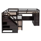Twin-Twin over Full L-Shaped Bunk Bed with Wardrobe Space, Solid Wood Staircase Bunk Bed with Portable Desk