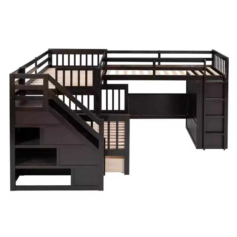 Twin-Twin over Full L-Shaped Bunk Bed with Wardrobe Space, Solid Wood Staircase Bunk Bed with Portable Desk