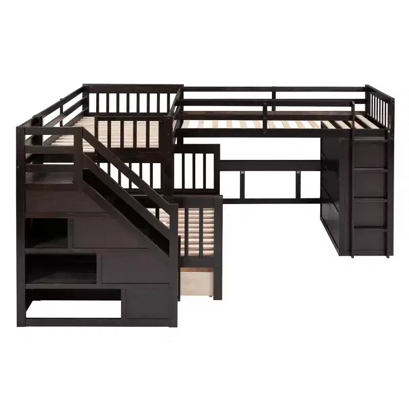 Twin-Twin over Full L-Shaped Bunk Bed with Wardrobe Space, Solid Wood Staircase Bunk Bed with Portable Desk