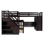 Twin-Twin over Full L-Shaped Bunk Bed with Wardrobe Space, Solid Wood Staircase Bunk Bed with Portable Desk