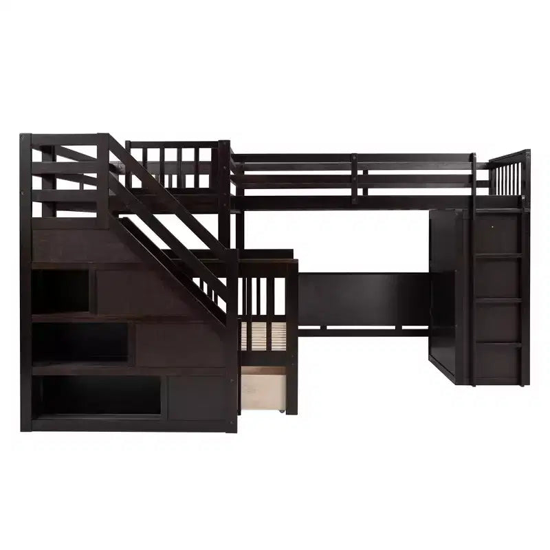 Twin-Twin over Full L-Shaped Bunk Bed with Wardrobe Space, Solid Wood Staircase Bunk Bed with Portable Desk
