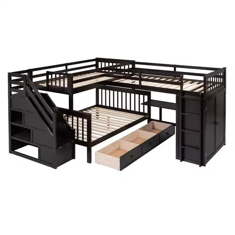Twin-Twin over Full L-Shaped Bunk Bed with Wardrobe Space, Solid Wood Staircase Bunk Bed with Portable Desk