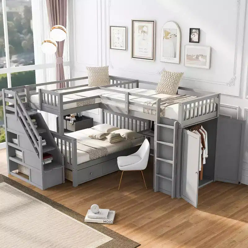 Twin-Twin over Full L-Shaped Bunk Bed with Wardrobe Space, Solid Wood Staircase Bunk Bed with Portable Desk