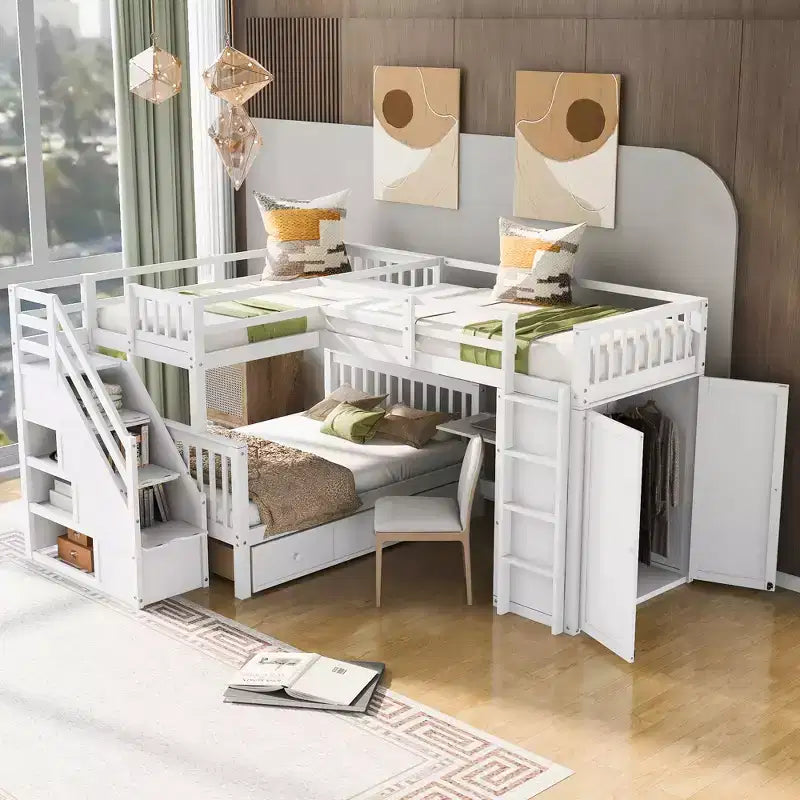 Twin-Twin over Full L-Shaped Bunk Bed with Wardrobe Space, Solid Wood Staircase Bunk Bed with Portable Desk