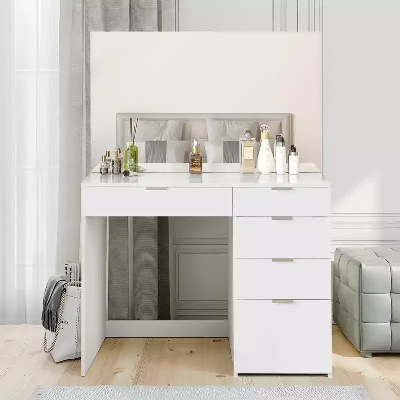 White Vanity Desk with Lighted Mirror and 5 Storage Drawers