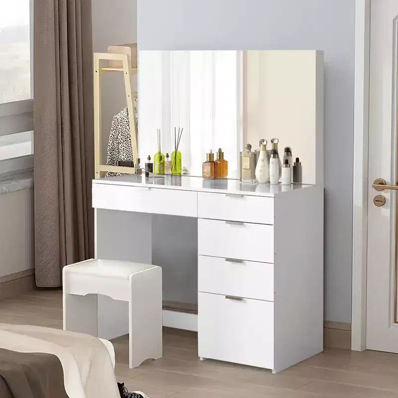 White Vanity Desk with Lighted Mirror and 5 Storage Drawers