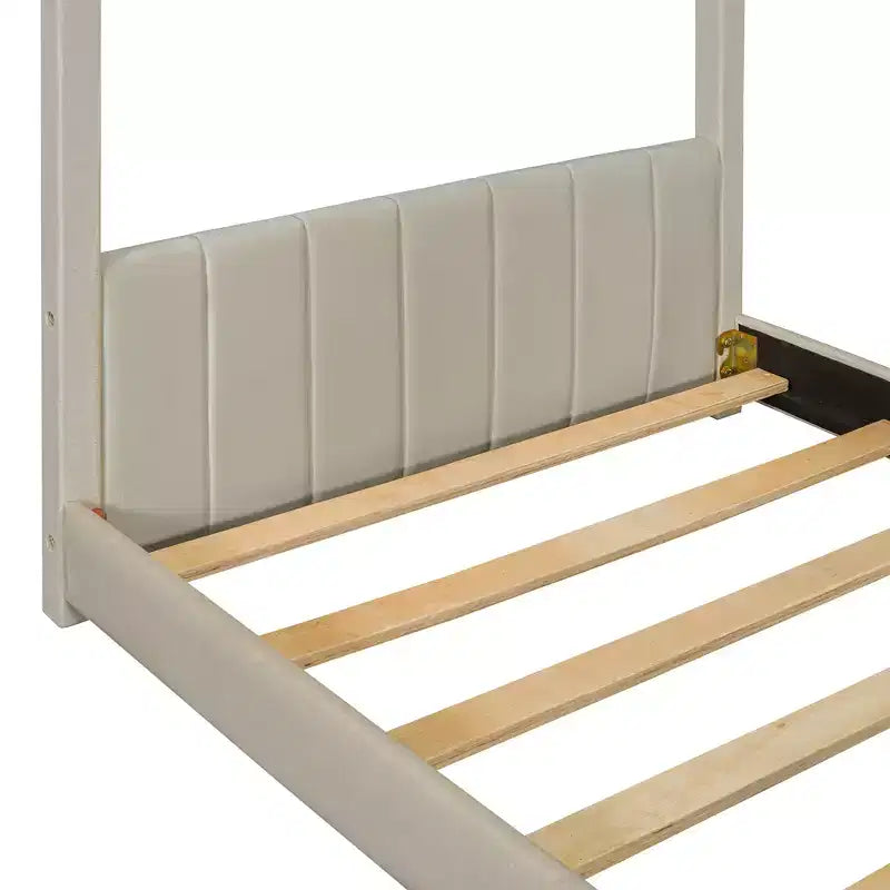 Twin/Full Size House Bed Velvet Platform Bed Frame Wood Bed for Kid, Beige