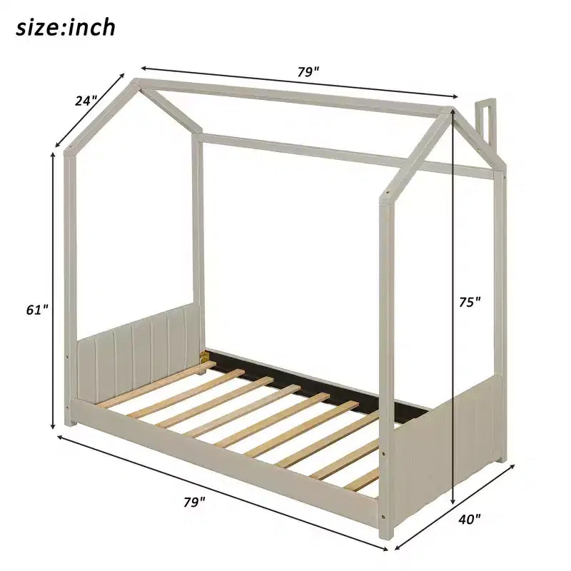 Twin/Full Size House Bed Velvet Platform Bed Frame Wood Bed for Kid, Beige