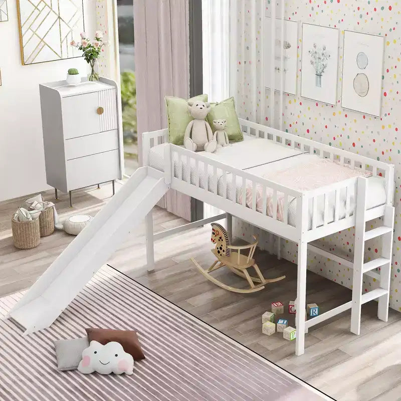 77.4IN Twin/Full Size Kids Loft Bed with Slide, Twin Bed with Safety Guardrail and Ladder, Bed Frames for Kids Room, Play Room