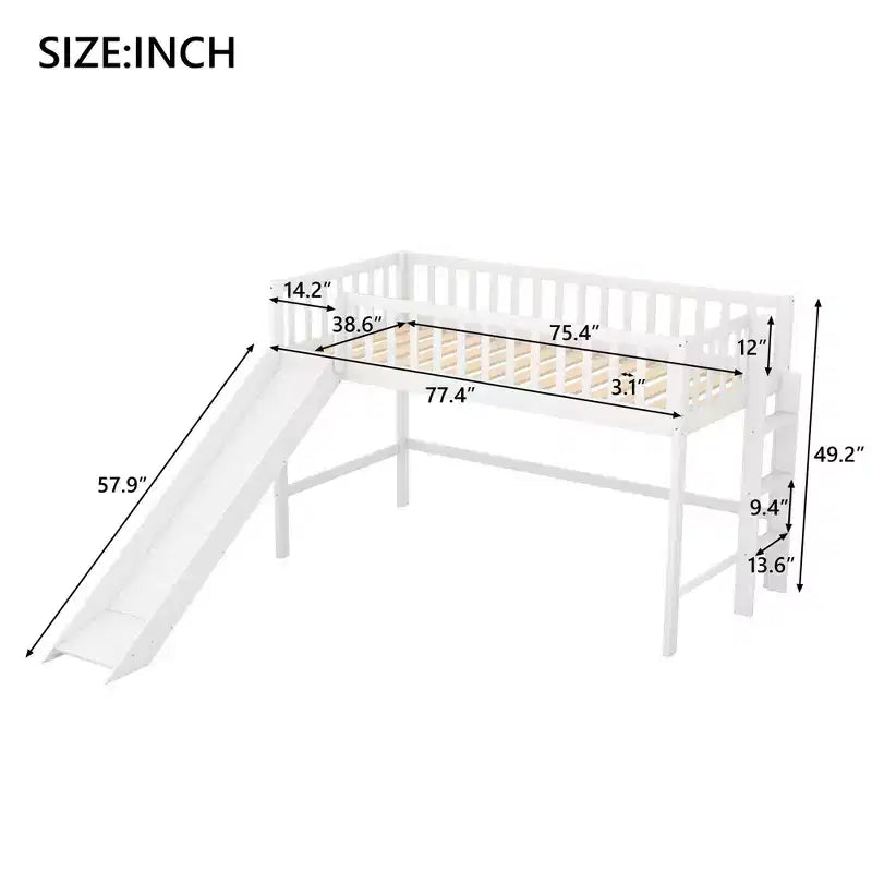 77.4IN Twin/Full Size Kids Loft Bed with Slide, Twin Bed with Safety Guardrail and Ladder, Bed Frames for Kids Room, Play Room