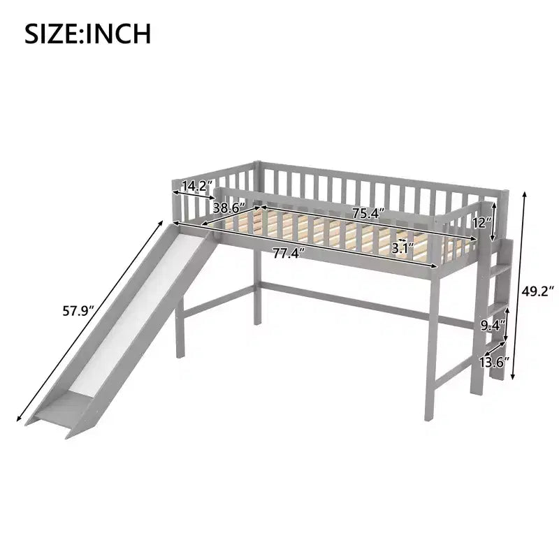 77.4IN Twin/Full Size Kids Loft Bed with Slide, Twin Bed with Safety Guardrail and Ladder, Bed Frames for Kids Room, Play Room