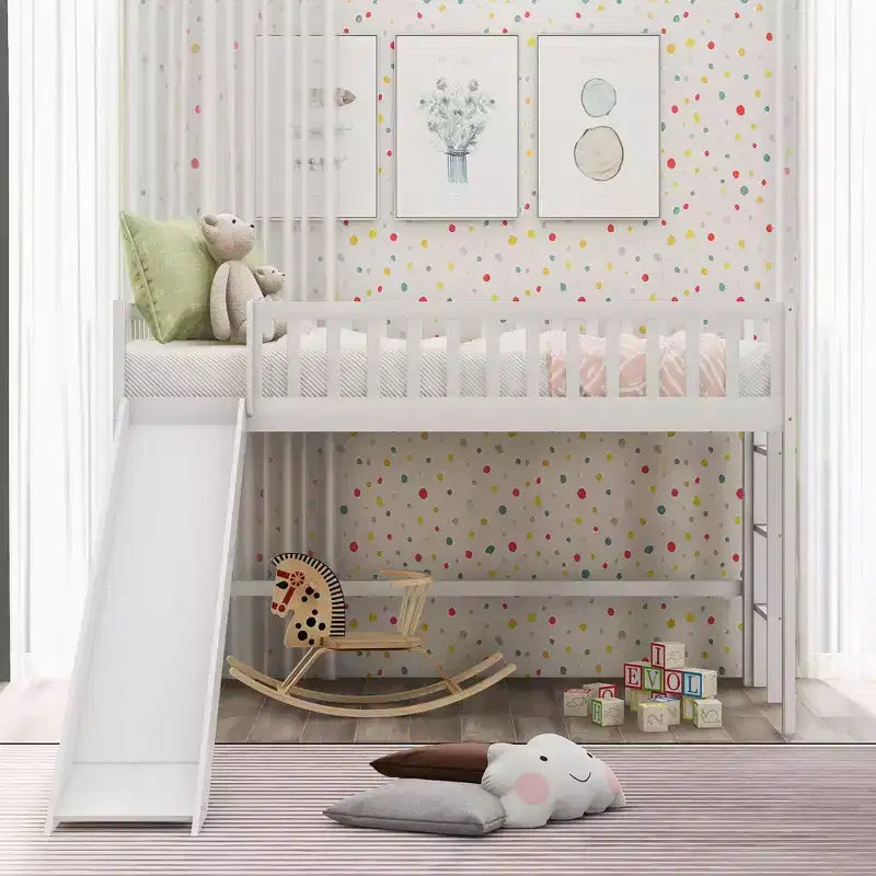 77.4IN Twin/Full Size Kids Loft Bed with Slide, Twin Bed with Safety Guardrail and Ladder, Bed Frames for Kids Room, Play Room