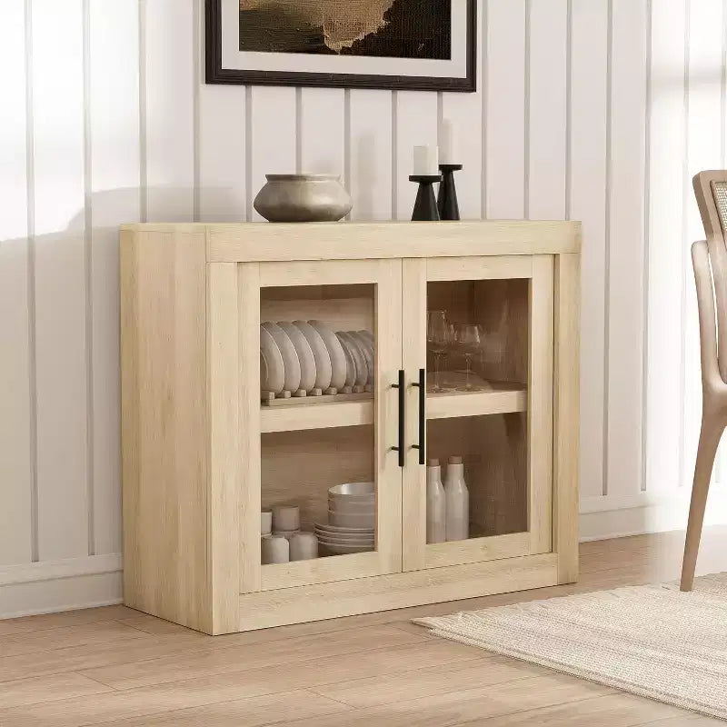 71 Sideboard Buffet Cabinet with 4 Doors, Mid Century Modern Accent Cabinet with Storage for Living Room Kitchen, Natural