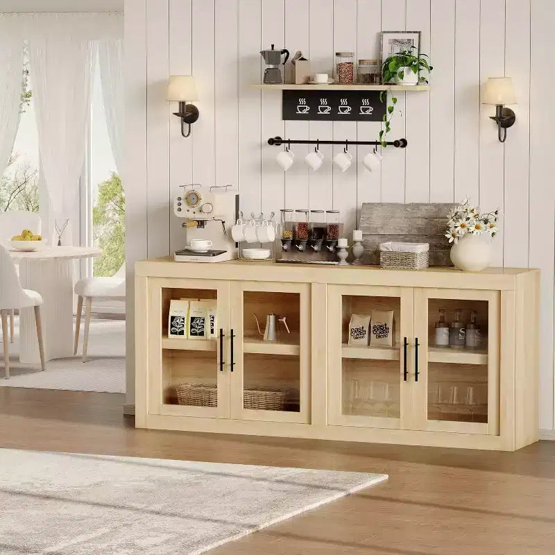 71 Sideboard Buffet Cabinet with 4 Doors, Mid Century Modern Accent Cabinet with Storage for Living Room Kitchen, Natural
