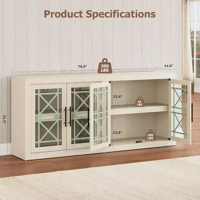 71 Sideboard Buffet Cabinet with 4 Doors, Mid Century Modern Accent Cabinet with Storage for Living Room Kitchen, Natural