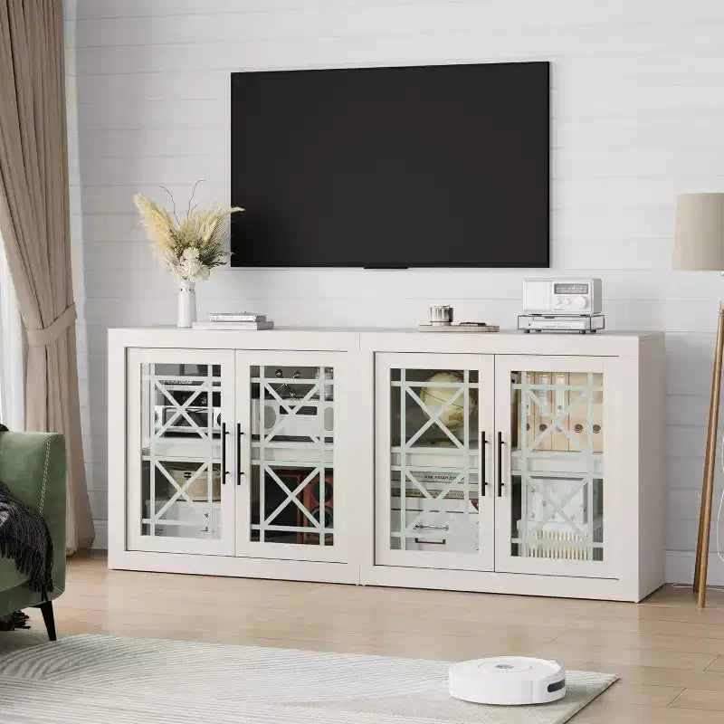 71 Sideboard Buffet Cabinet with 4 Doors, Mid Century Modern Accent Cabinet with Storage for Living Room Kitchen, Natural