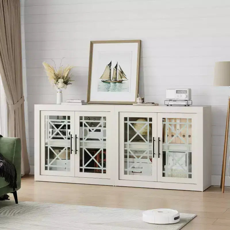71 Sideboard Buffet Cabinet with 4 Doors, Mid Century Modern Accent Cabinet with Storage for Living Room Kitchen, Natural