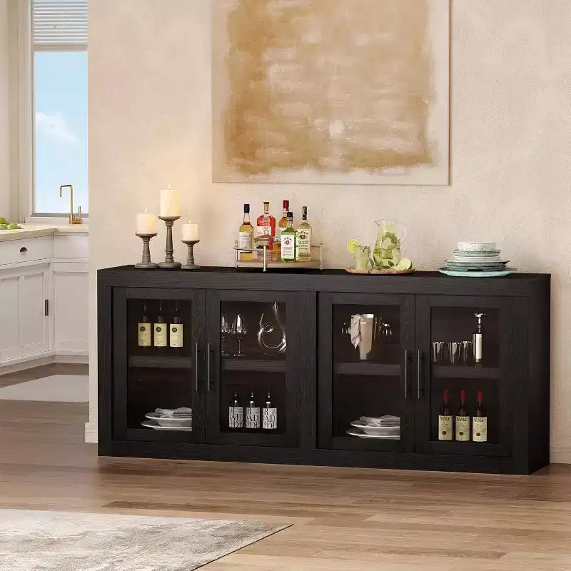 71 Sideboard Buffet Cabinet with 4 Doors, Mid Century Modern Accent Cabinet with Storage for Living Room Kitchen, Natural