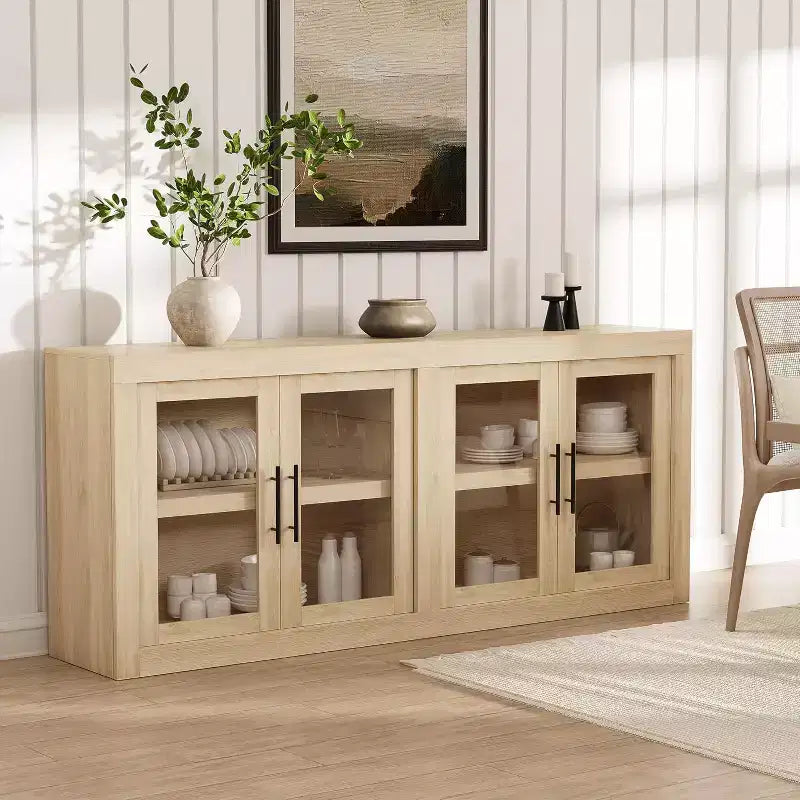 71 Sideboard Buffet Cabinet with 4 Doors, Mid Century Modern Accent Cabinet with Storage for Living Room Kitchen, Natural