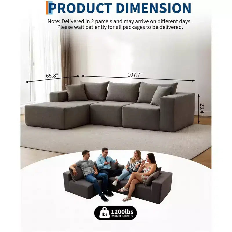 108 Modular Cloud Sectional Couch with Chaise | Fluffy Compressed L Shaped Sofa for Living Room | Sofa Bed Design, Beige