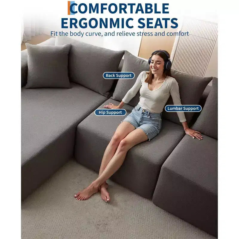 108 Modular Cloud Sectional Couch with Chaise | Fluffy Compressed L Shaped Sofa for Living Room | Sofa Bed Design, Beige
