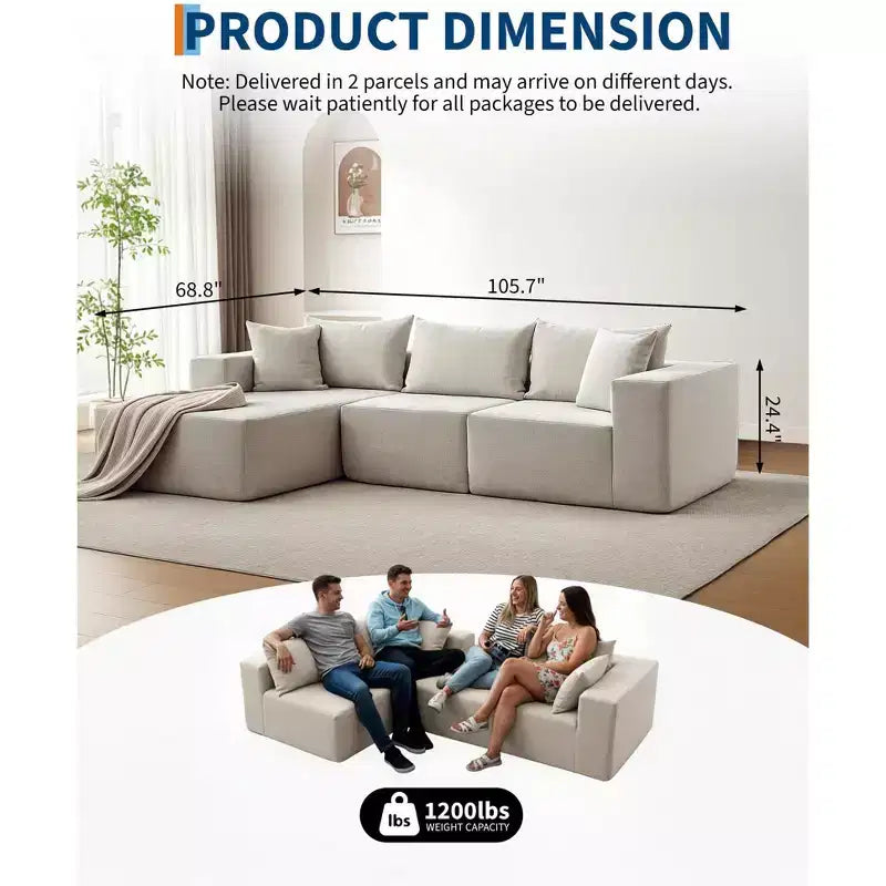 108 Modular Cloud Sectional Couch with Chaise | Fluffy Compressed L Shaped Sofa for Living Room | Sofa Bed Design, Beige
