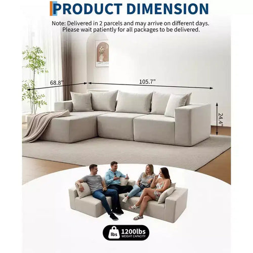 108 Modular Cloud Sectional Couch with Chaise | Fluffy Compressed L Shaped Sofa for Living Room | Sofa Bed Design, Beige