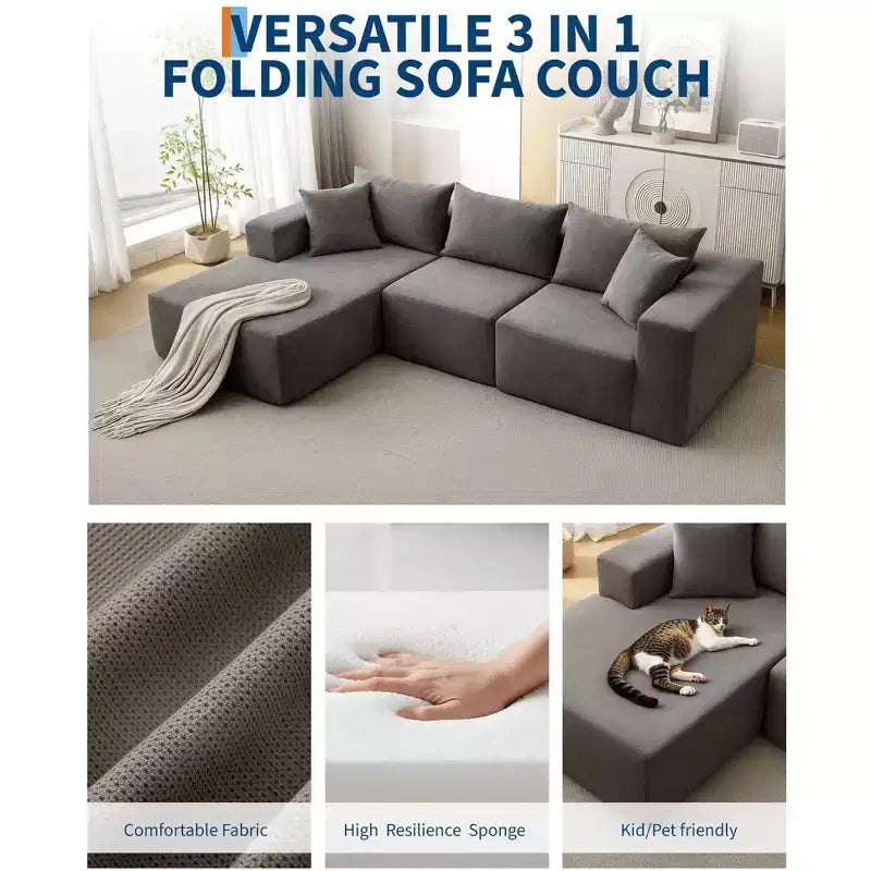 108 Modular Cloud Sectional Couch with Chaise | Fluffy Compressed L Shaped Sofa for Living Room | Sofa Bed Design, Beige