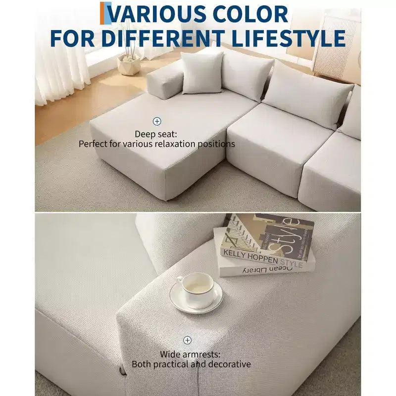 108 Modular Cloud Sectional Couch with Chaise | Fluffy Compressed L Shaped Sofa for Living Room | Sofa Bed Design, Beige