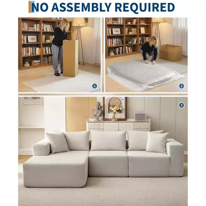 108 Modular Cloud Sectional Couch with Chaise | Fluffy Compressed L Shaped Sofa for Living Room | Sofa Bed Design, Beige