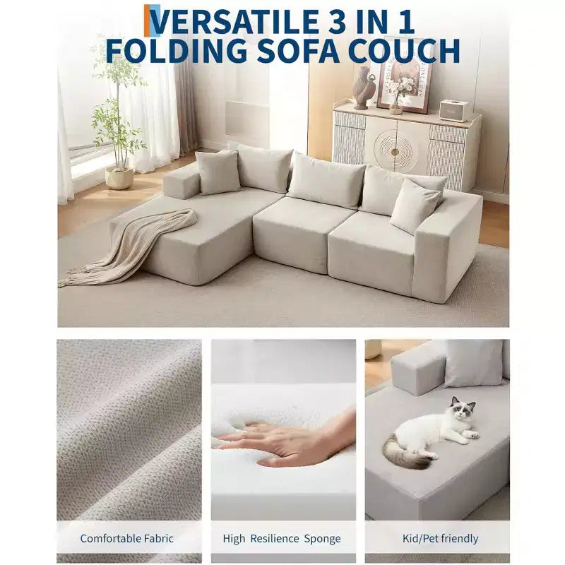 108 Modular Cloud Sectional Couch with Chaise | Fluffy Compressed L Shaped Sofa for Living Room | Sofa Bed Design, Beige