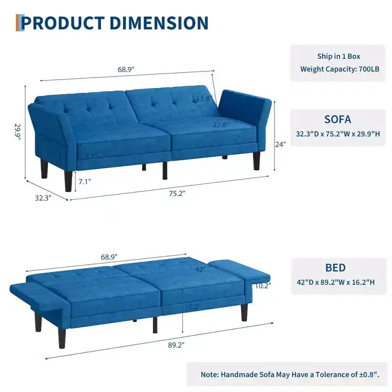 89 Futon Sofa Bed, Convertible Sleeper Sofa with Adjustable Backrest & Armrest, Modern Futon Couch Bed