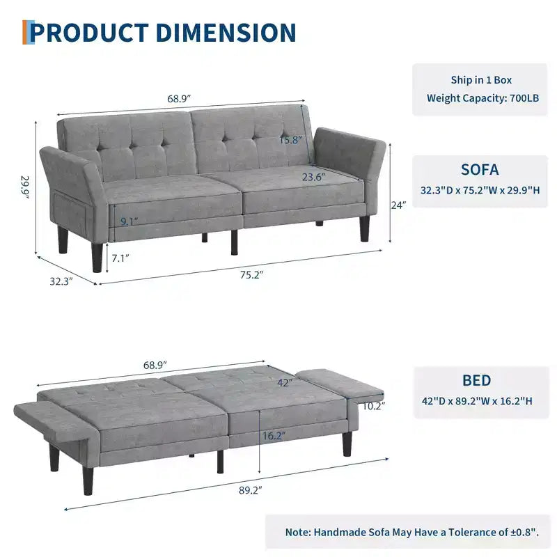 89 Futon Sofa Bed, Convertible Sleeper Sofa with Adjustable Backrest & Armrest, Modern Futon Couch Bed