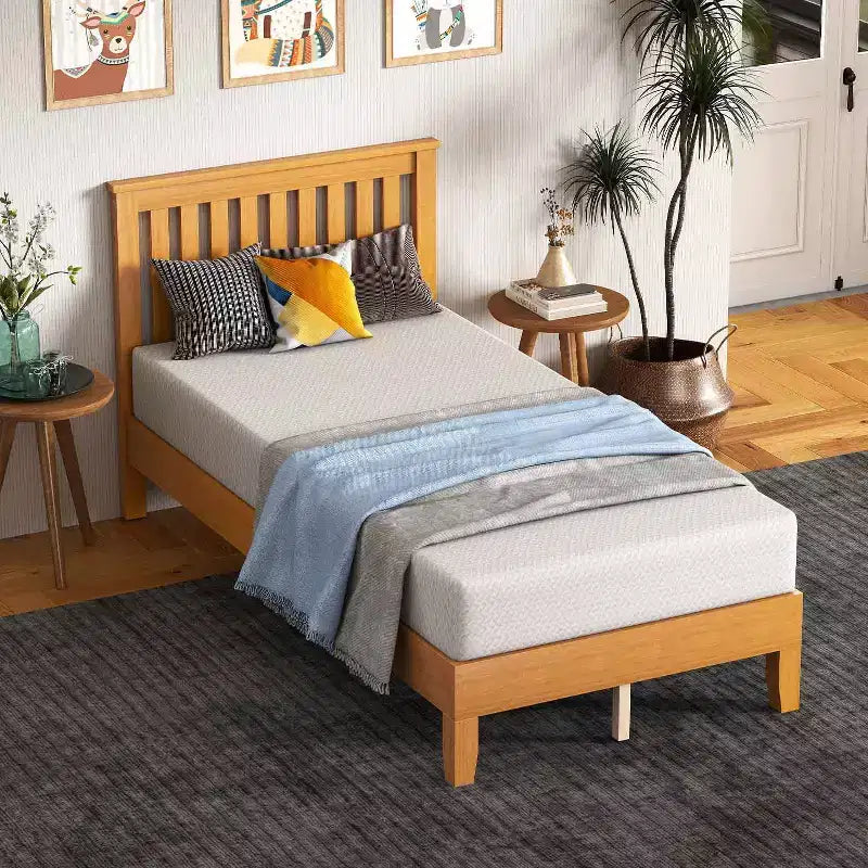 Wood Bed Frame Versatile Solid Wood Mattress Foundation with 14 Wood Slats No Box Spring Needed with Headboard