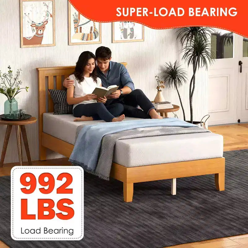 Wood Bed Frame Versatile Solid Wood Mattress Foundation with 14 Wood Slats No Box Spring Needed with Headboard