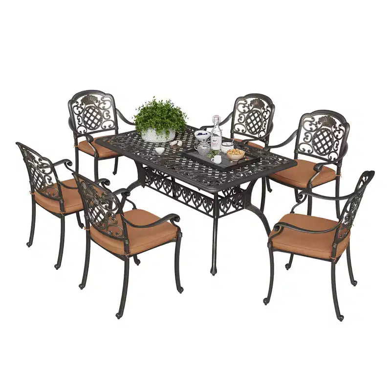 Patio Dining Table and 6 Chairs with Removable Cushions and Umbrella Hole for Patio Deck Garden Porch