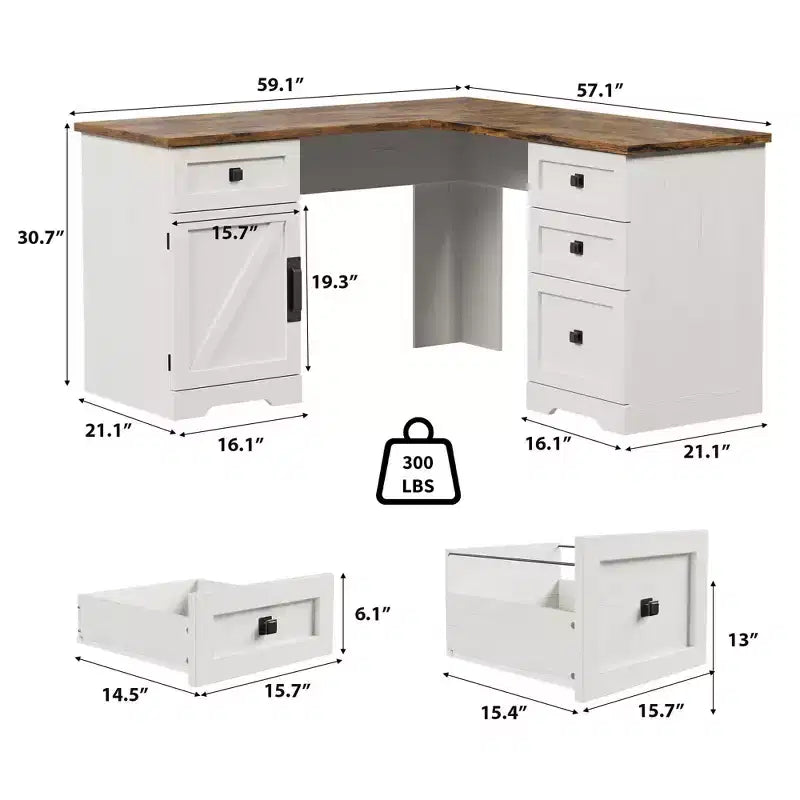 L-Shaped Executive Desk (60)  Farmhouse Office Corner Desk with File Drawers & Adjustable Storage Cabinet, Ideal for Home Office or Study